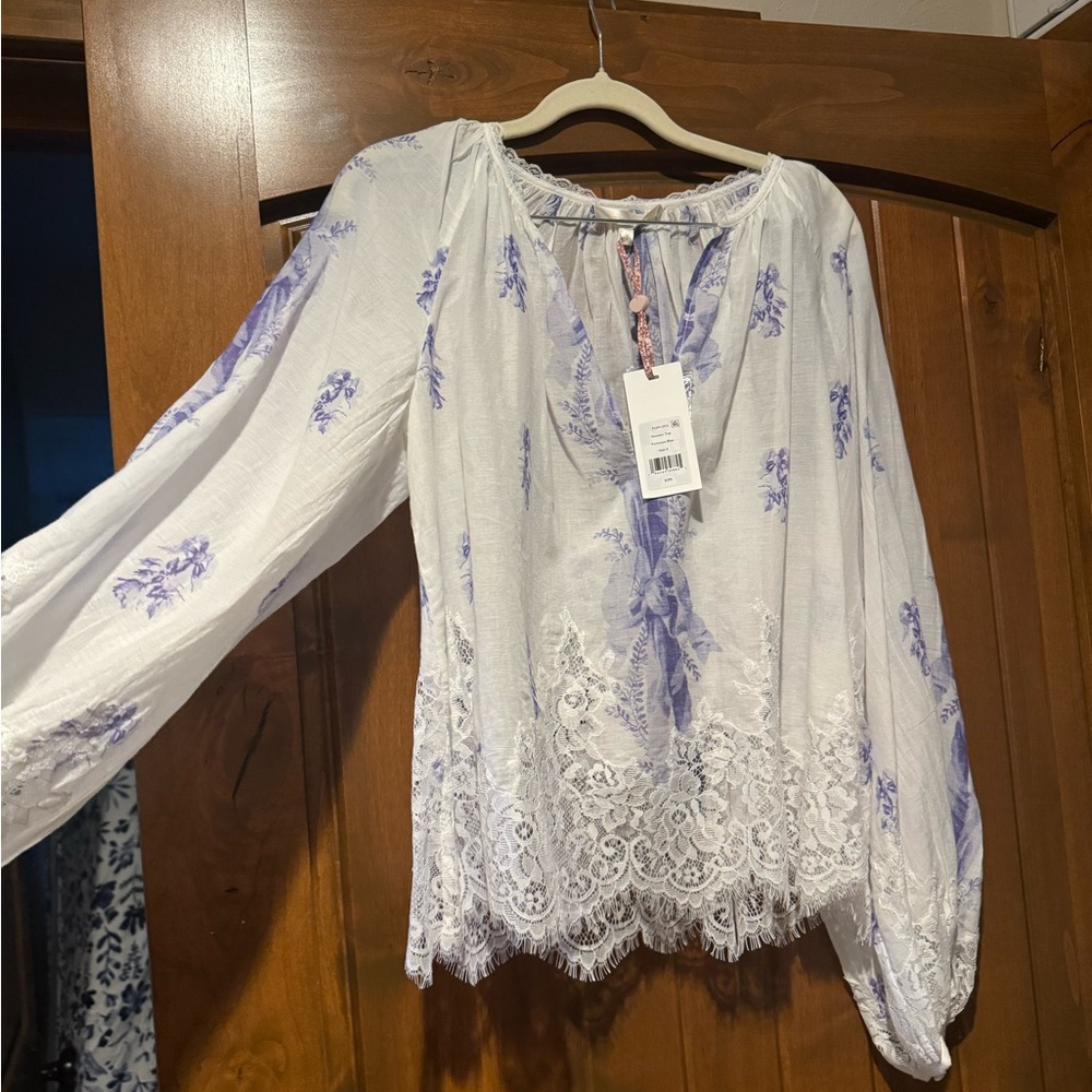 Loveshackfancy size small Floral Lace Trim Blouse - White and Purple